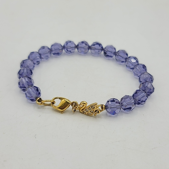Swarovski Lavender Crystal Bead Bracelet Gold Swan Tag 7" Vintage - Picture 2 of 8